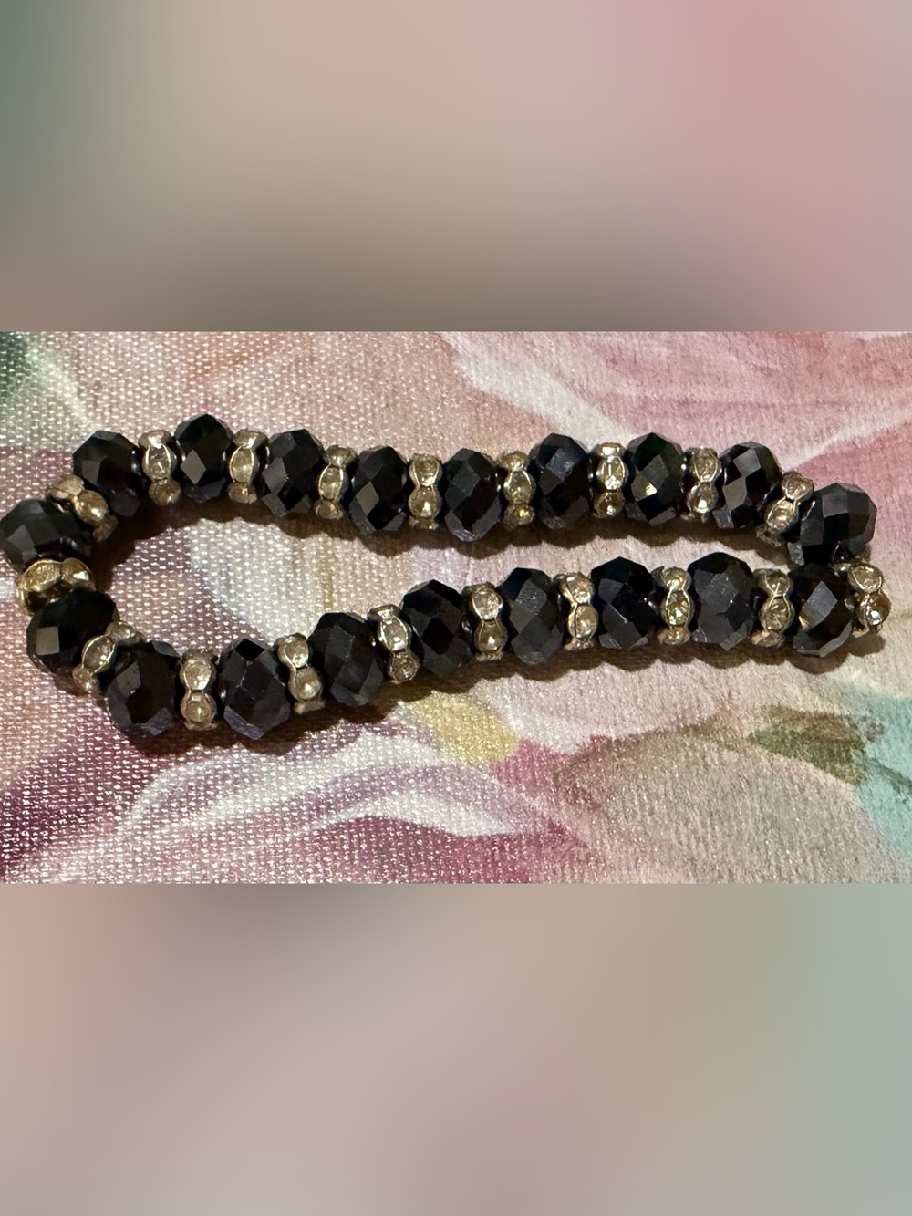 Classic Black Bead Stretch Bracelet with Silver Accents